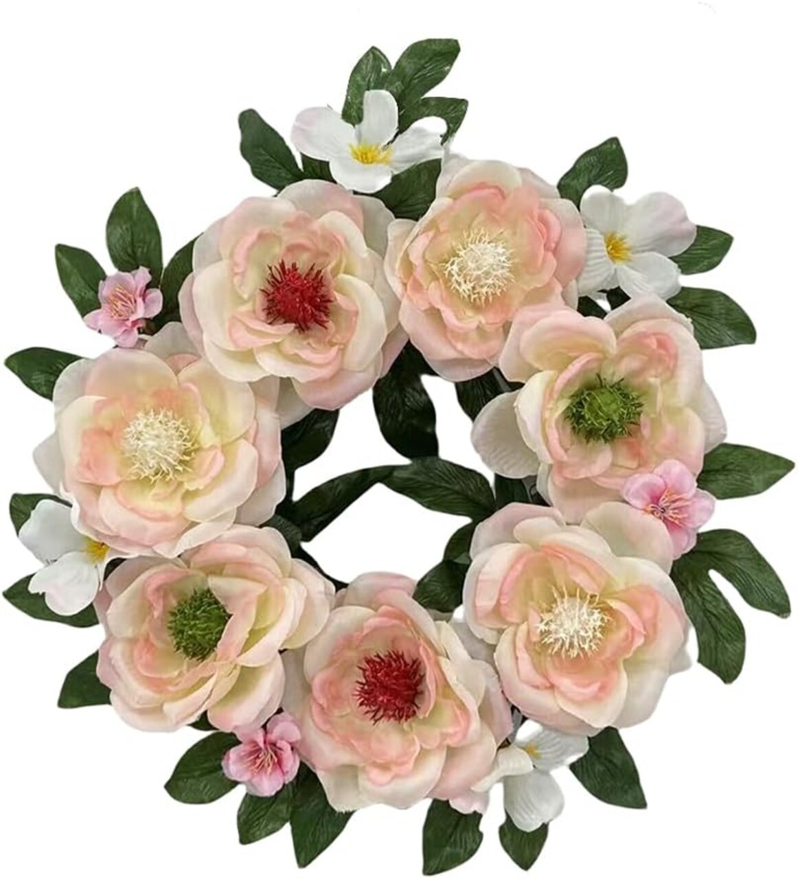 16 Inch Summer Wreath for Front Door, Artificial Summer Floral Wreath with Pink Flowers